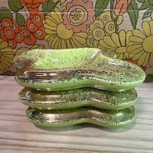 3 Vintage Ashtrays 70s Lime Green Speckled Splattered Ceramic Asymmetrical MCM